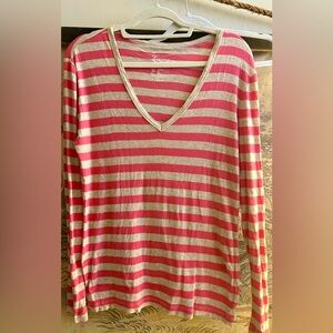Bowery Stripe V-Neck Top SZ Large Pink / Heathered Gray